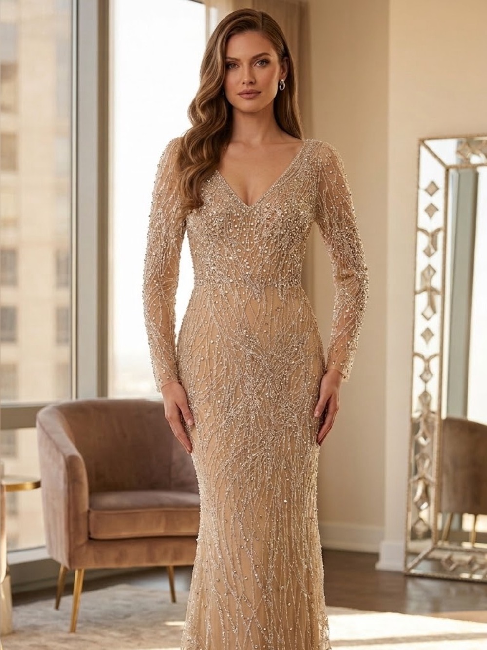 Elegant Beaded Long-Sleeve Evening Gown in Gold - Picture 3 of 4